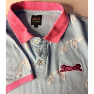 Le Tigre Mens Script Logo Pique Polo Shirt Blue Pink Short Sleeve Size Medium
